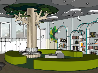 Kindergarten Interior Design With Tree Shaped Decoration Green Curved Seating Bookshelves Windows And Ceiling Lights 3d model