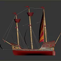 Ancient Sailing Ship Model With Red And Yellow Striped Sails And Wooden Masts
