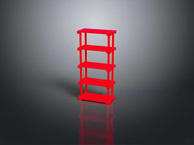Red Multi Tiered Shelving Unit with Gray Gradient Background and Reflective Surface 3d model