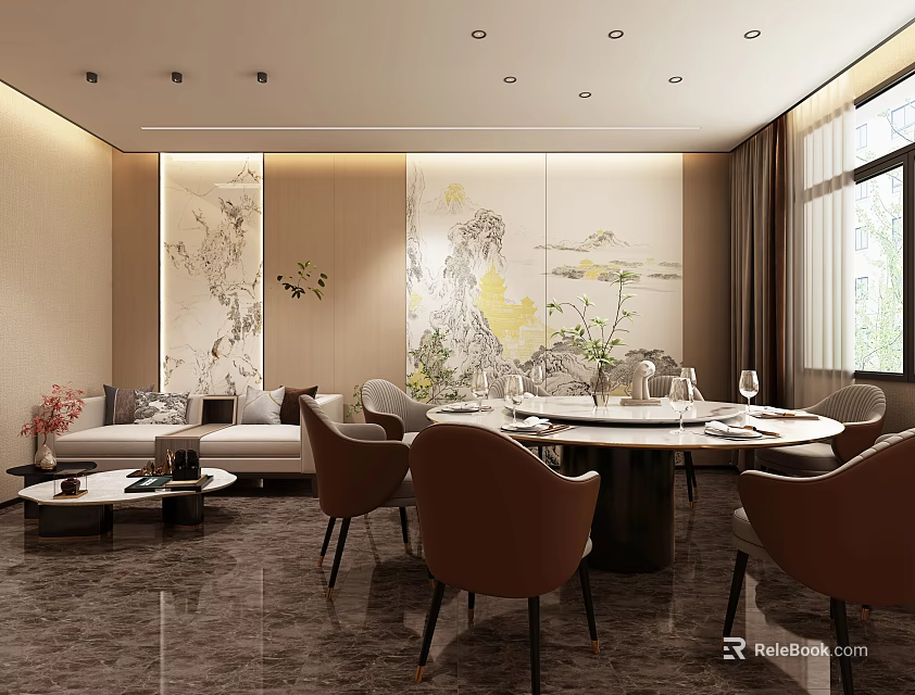 Elegant Private Dining Room Interior With Sofa Dining Table Chairs Decorative Paintings And Window 3d model