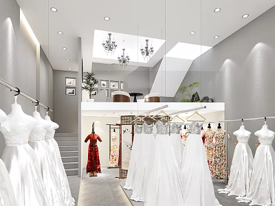 Elegant Bridal Shop Interior With White Wedding Dresses Red Evening Gowns And Chandeliers 3d model