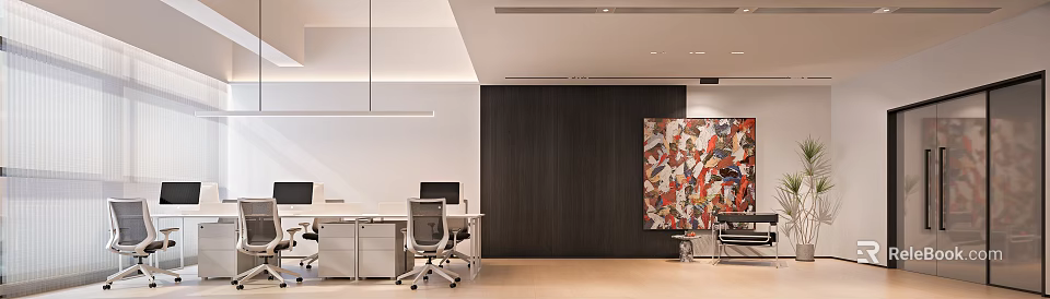 Modern Office Interior Design With Desk Chair And Colorful Wall Painting 3d model 