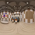 Baidu Creative Decoration Office Interior With Sofa Desk Computer Wooden Floor And Wall Design