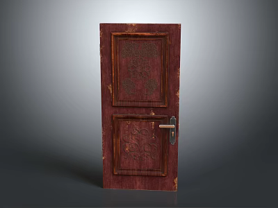 Vintage Wooden Door With Carved Patterns Panel Design And Metal Handle 3d model