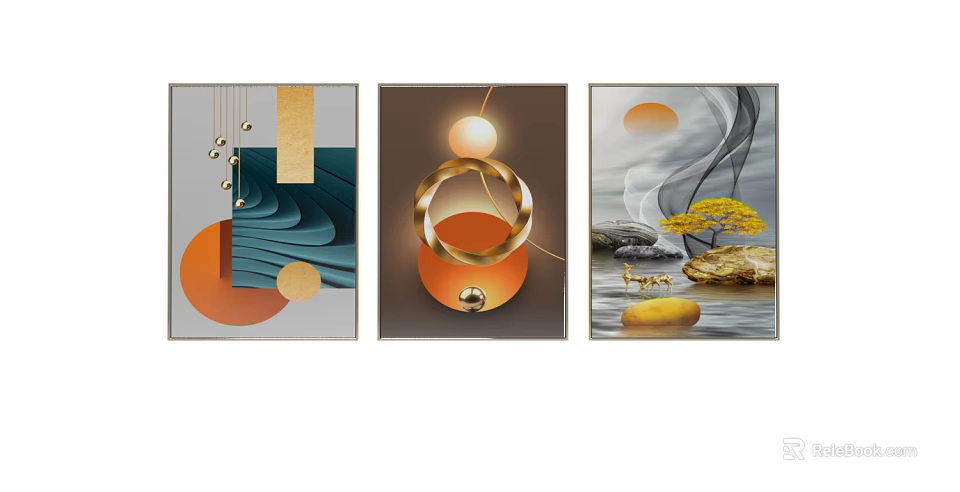 Modern Abstract Three Panel Wall Art With Geometric Shapes And Natural Elements For Interior Decor 3d model