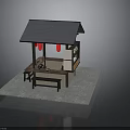 Traditional Japanese Street Stall Design With Black Roof Red Lanterns Counter And Stools