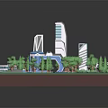 Natural Landscape Model With Green Grass Trees Circular Plaza Modern Buildings And Pathways