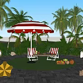 Outdoor Table And Chairs With Red White Striped Umbrella In Tropical Patio With Seashells Starfish