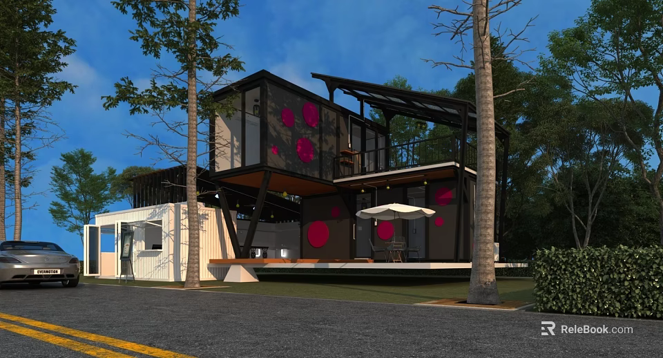 Modern Container Building With Black White Design Pink Circular Patterns Outdoor Terrace Sunshade Umbrella And Trees 3d model 