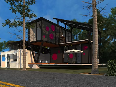 Modern Container Building With Black White Design Pink Circular Patterns Outdoor Terrace Sunshade Umbrella And Trees 3d model