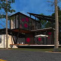 Modern Container Building With Black White Design Pink Circular Patterns Outdoor Terrace Sunshade Umbrella And Trees