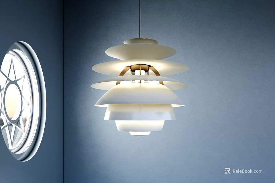 Modern White Multi Layer Pendant Light With Metal Frame And Blue Wall Background 3d model