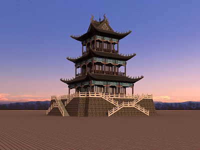 Ancient Architecture Multi story Pavilion with Traditional Overhanging Eaves Stone Base Stairs Against Sunset Sky 3d model