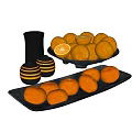 Fresh Oranges And Lemon Slices With Black And Yellow Striped Containers On Black Plates