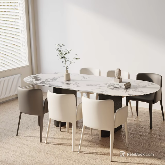 Elegant Dining Table Set Featuring Marble Top Chairs White Grey Black Vase Green Plant Decor 3d model 