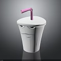 White Cup With Cartoon Face Design And Pink Straw On Black Background