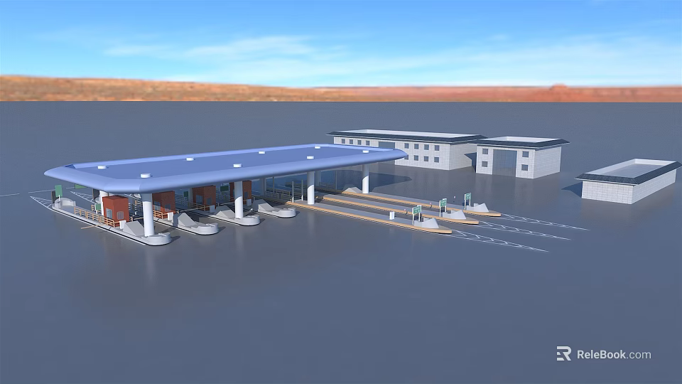 Modern Gas Station With Blue Roof Multiple Fuel Pumps Near Buildings In Desert Blue Sky 3d model 