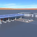 Modern Gas Station With Blue Roof Multiple Fuel Pumps Near Buildings In Desert Blue Sky