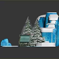 Enchanting Winter Landscape With Blue Icebergs Red Sleigh Pine Trees And Snowy Ground