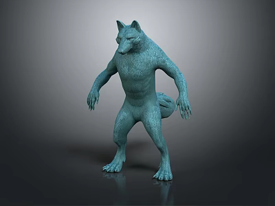 Blue Wolf Like Standing Creature 3D Rendered Model With Fur Texture In Upright Posture 3d model