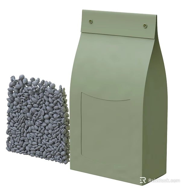 Pet Food Kibble in Green Packaging Showing Granular Texture and Bag Design 3d model 