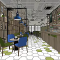 Cozy Cafe Interior With Wooden Shelves Green Plants Blue Chairs And Hexagonal Floor Tiles
