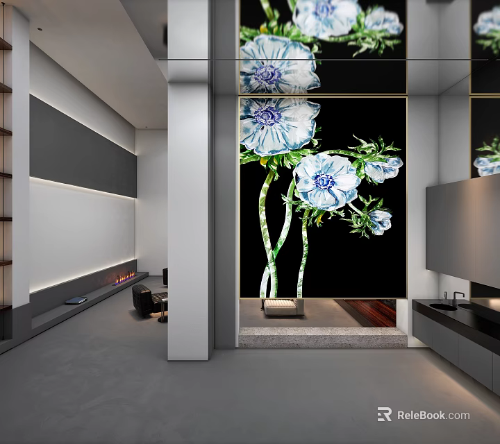 Elegant Modern Floral Screen With Blue White Flowers And Black Background Design 3d model 