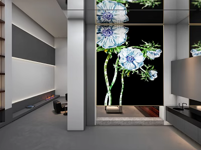 Elegant Modern Floral Screen With Blue White Flowers And Black Background Design 3d model