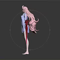 Game Movie Character With Pink Long Hair In Blue Shirt Dress And Red Weapon