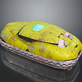 Vintage Rusty Yellow Object With Light Blue Square Pink Parts And Woven Bottom Edge