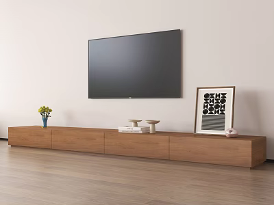 Wooden TV Stand with Vase of Yellow Flowers Books and Framed Art under Mounted TV 3d model