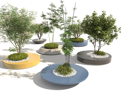 Colorful Circular Tree Planters With Green Plants And White Pebbles Design 3d model
