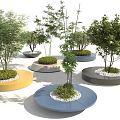 Colorful Circular Tree Planters With Green Plants And White Pebbles Design