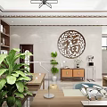 Modern Study Room Interior With Large Decorative Clock Green Plants And Wooden Desk