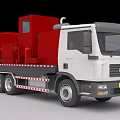 White and Red MAN Utility Truck With Cab And Cargo Bed For Equipment Transport