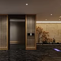 Chinese Style Hotel Lobby With Latticed Ceiling Chandelier Landscape Painting And Marble Floor
