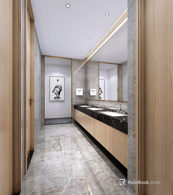 Modern Public Restroom Interior Design With Wooden Cabinets Marble Countertops Mirrors And Artwork 3d model 