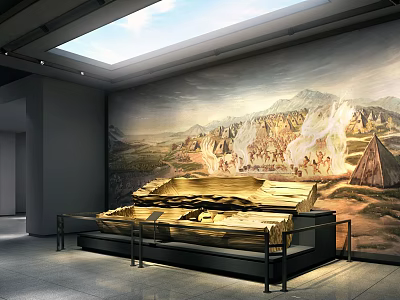 Cultural Center Interior With Large Mural Mountain Flames Tents And Golden Artifact 3d model