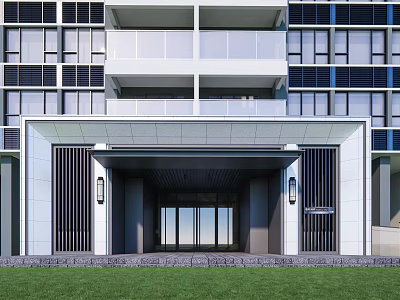 Modern Building Entrance Gate With Black Grille Panels Wall Lamps And Green Lawn 3d model