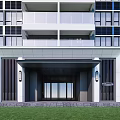Modern Building Entrance Gate With Black Grille Panels Wall Lamps And Green Lawn