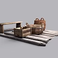 Rustic Garden Decor Featuring Wicker Basket Wooden Bucket Crate Bench On Plank Platform