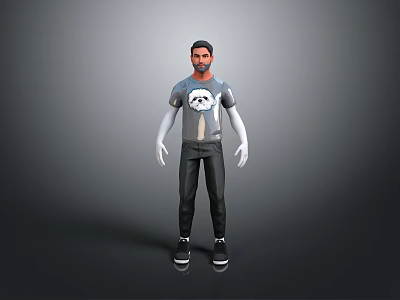 Man in Gray T-shirt With Graphic Black Pants White Long Sleeves and Black Shoes 3d model