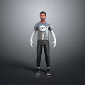 Man in Gray T-shirt With Graphic Black Pants White Long Sleeves and Black Shoes
