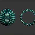 Turquoise And Blue Striped Spherical And Cylindrical Decorative Objects On Dark Reflective Surface