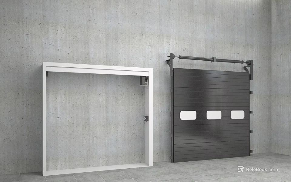 White Frame And Black Garage Door Installation On Concrete Wall Background 3d model 