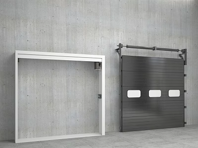 White Frame And Black Garage Door Installation On Concrete Wall Background 3d model
