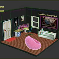 Modern Room Interior With Computer Desk Multiple Monitors Blue Chair And Pink Bean Bag
