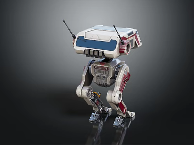 Robot Character With Antenna Blue White Red Color And Mechanical Legs 3d model
