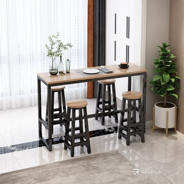 Stylish Modern Bar Counter Interior With Wooden Top Four Stools And Potted Plant Decor 3d model 