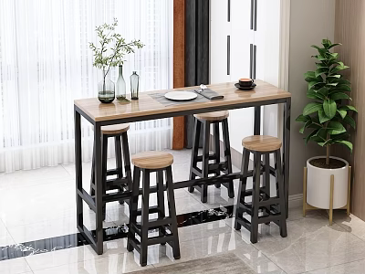 Stylish Modern Bar Counter Interior With Wooden Top Four Stools And Potted Plant Decor 3d model